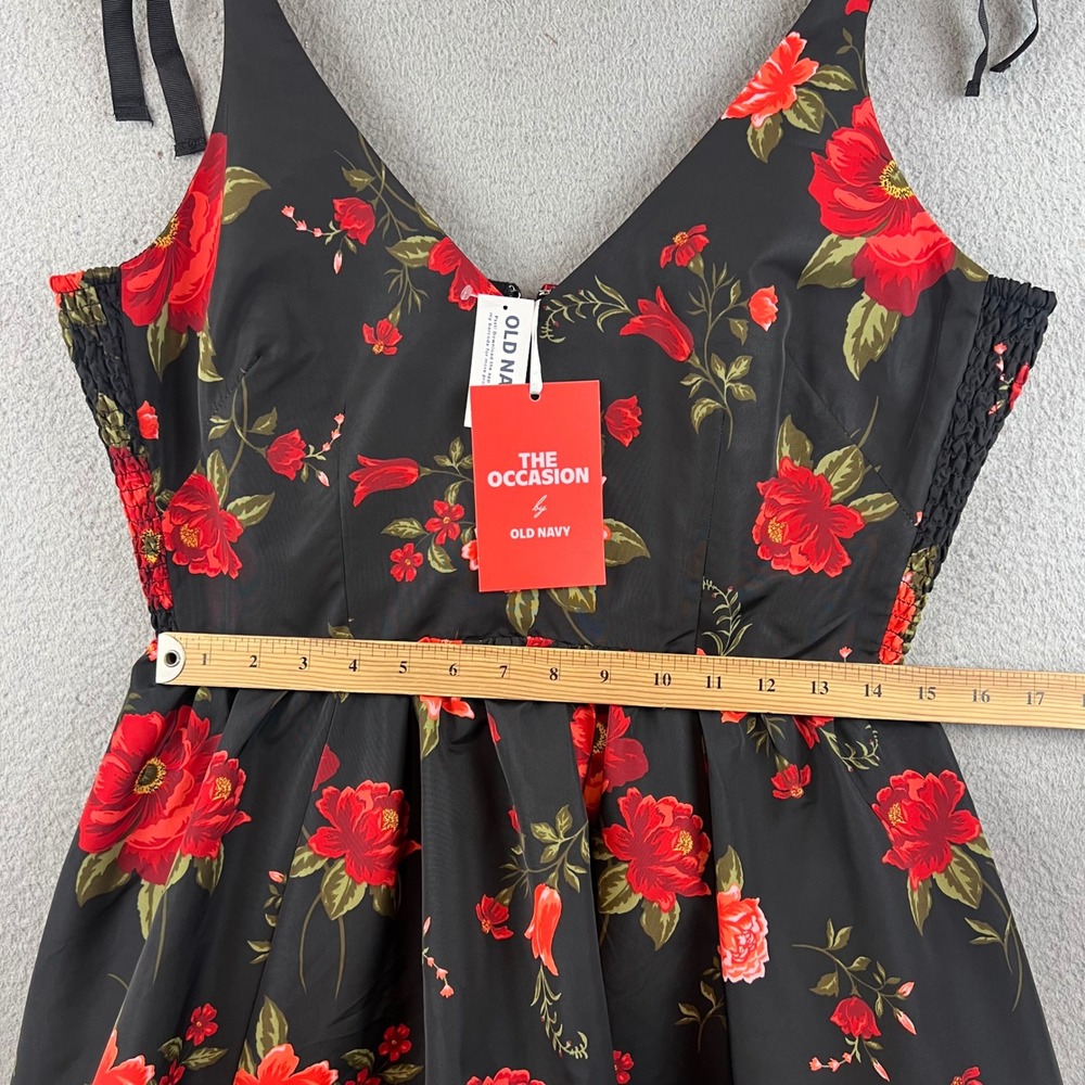 Old Navy The Occasion Floral Fit & Flare Dress Black Red Poppy Tie Shoulder L - Picture 6 of 13